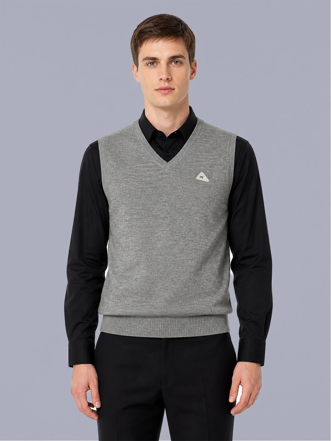 Men Grey Solid V Neck Sleeveless Sweater