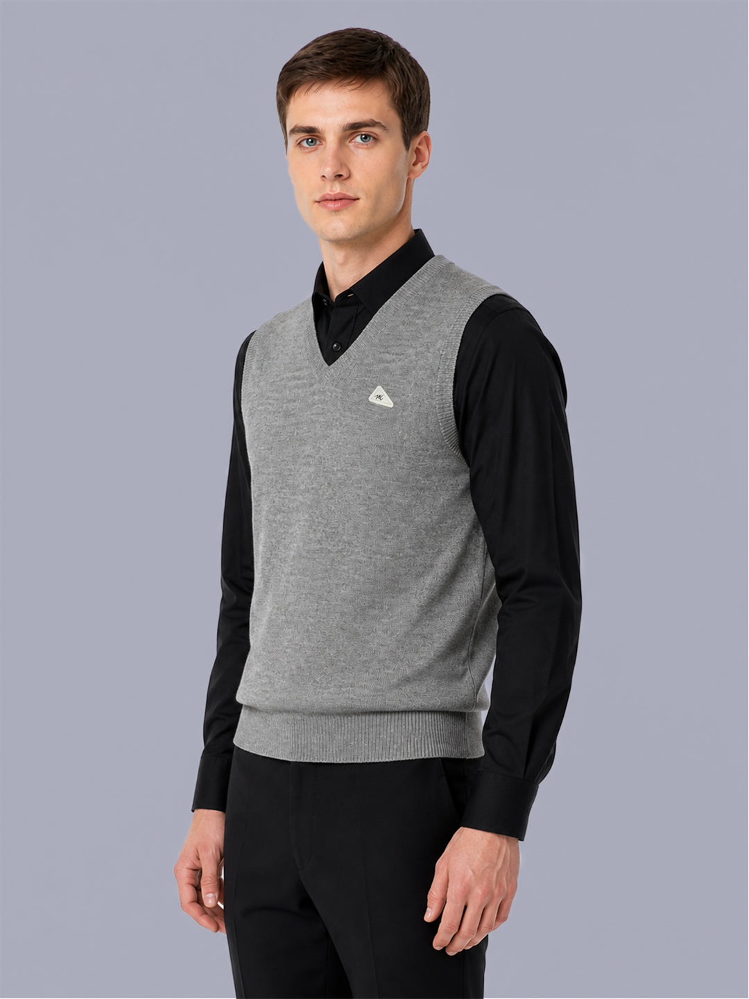Men Grey Solid V Neck Sleeveless Sweater