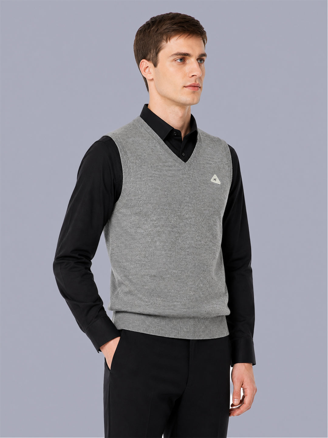 Men Grey Solid V Neck Sleeveless Sweater
