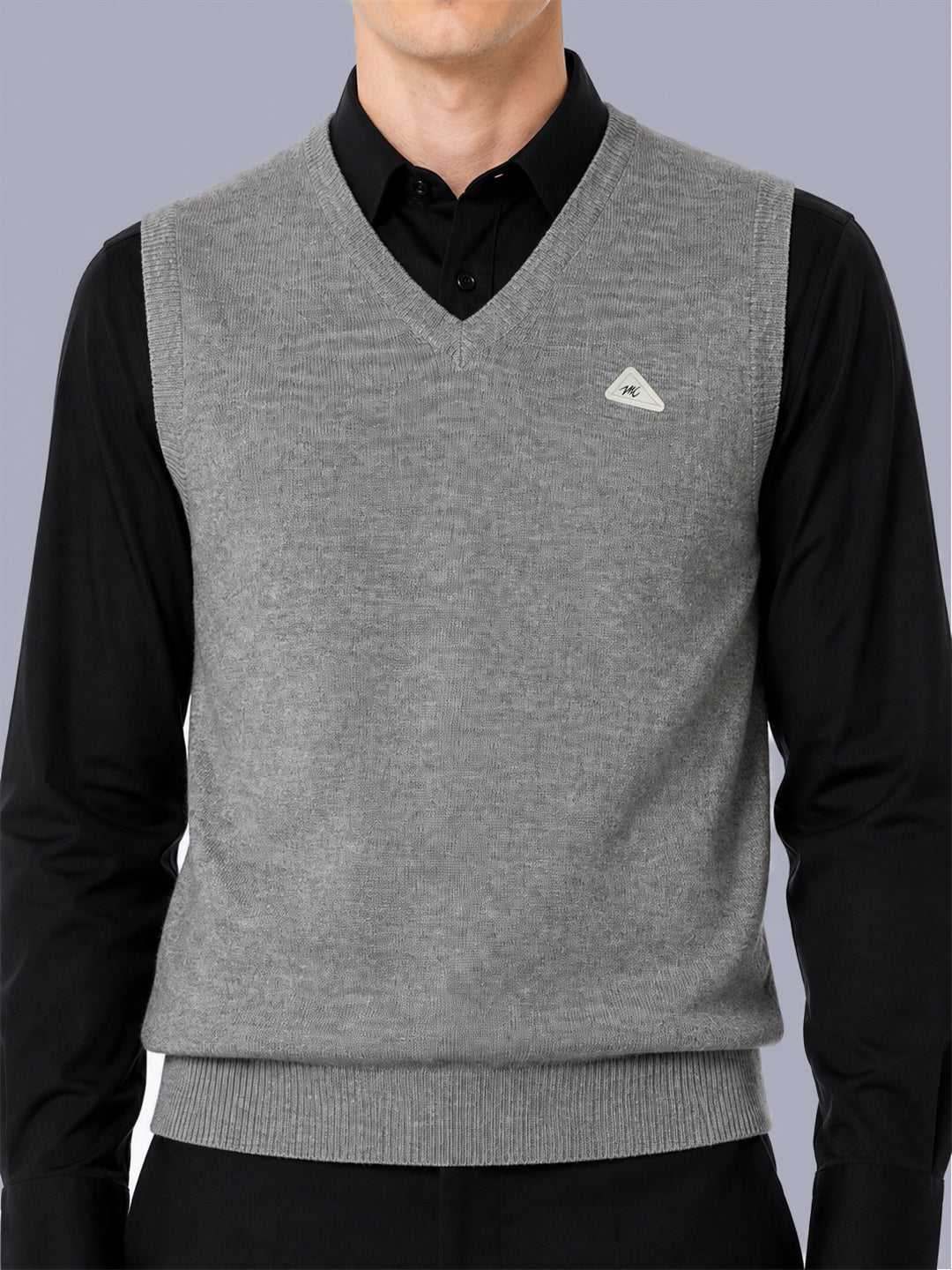 Men Grey Solid V Neck Sleeveless Sweater
