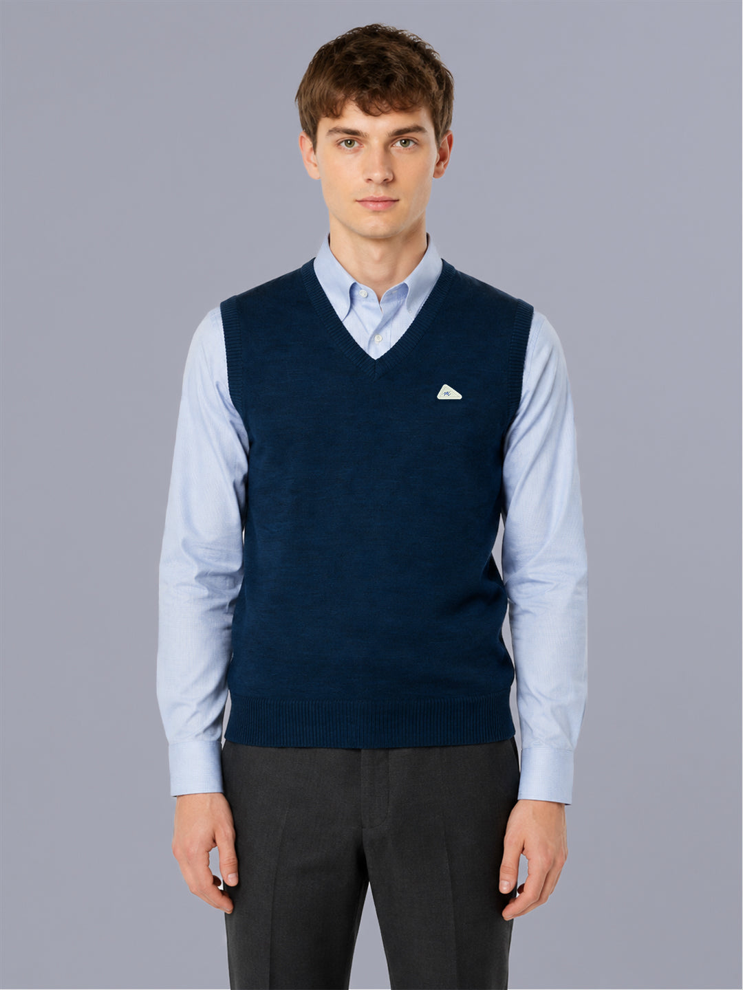 Men Blue Solid V Neck Sleeveless Sweater