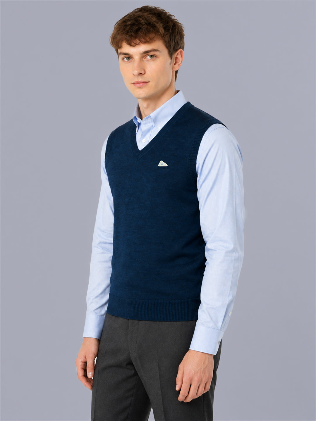 Men Blue Solid V Neck Sleeveless Sweater
