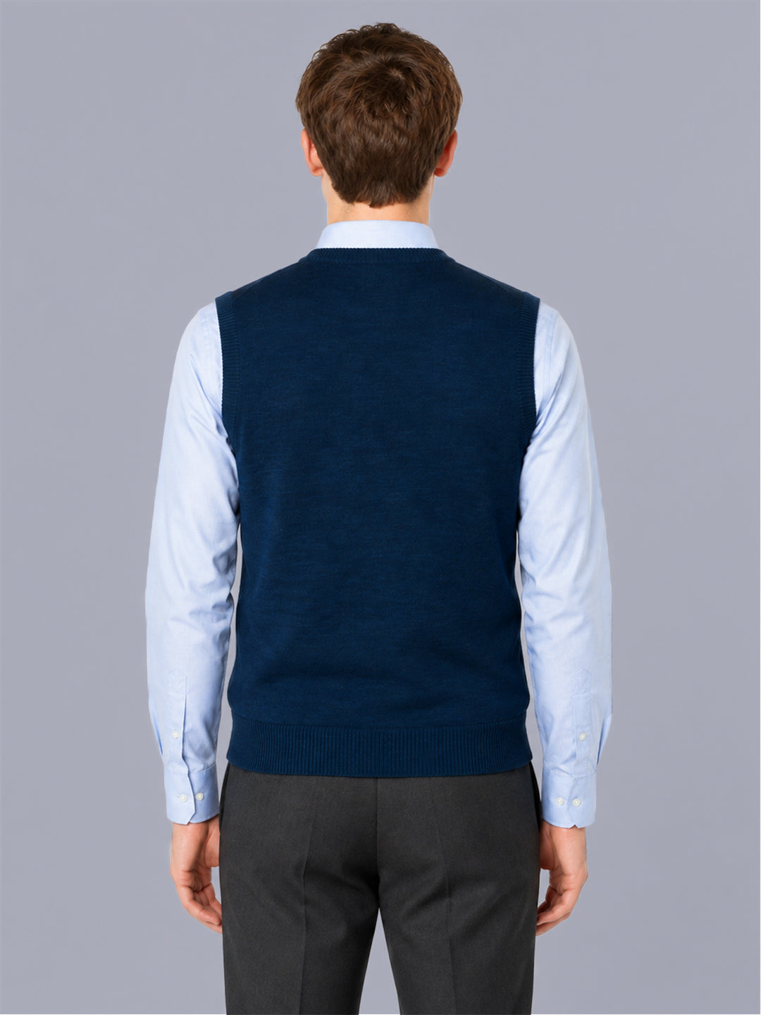 Men Blue Solid V Neck Sleeveless Sweater