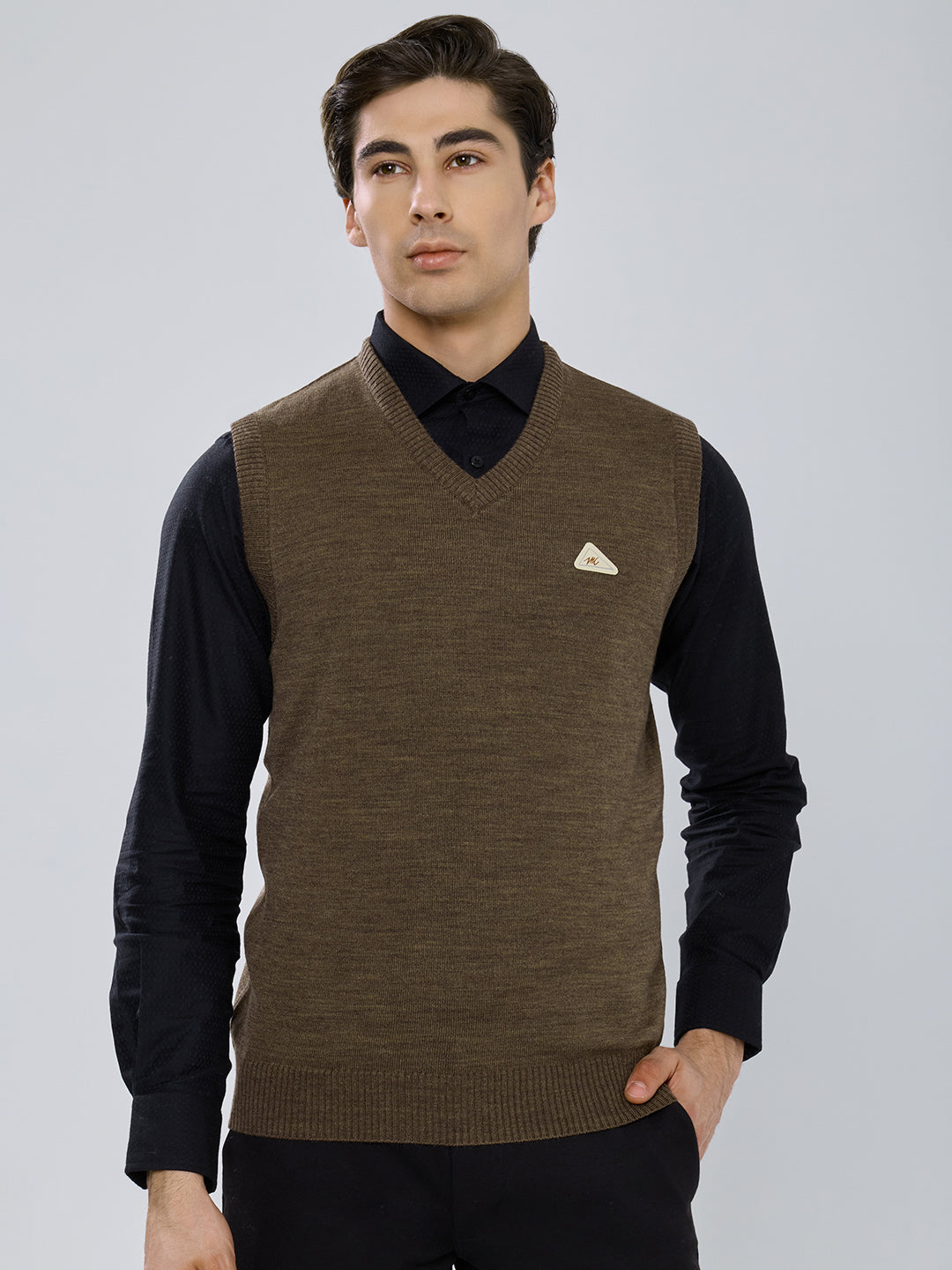 Men Brown Solid V Neck Sleeveless Sweater