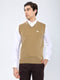 Men Camel Brown Solid V Neck Sleeveless Sweater