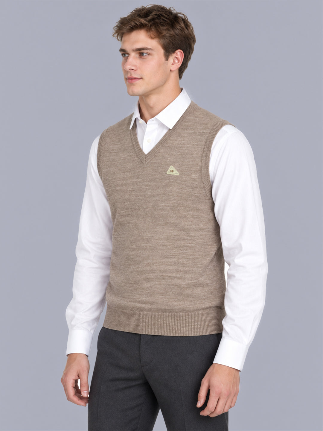Men Taupe Solid V Neck Sleeveless Sweater