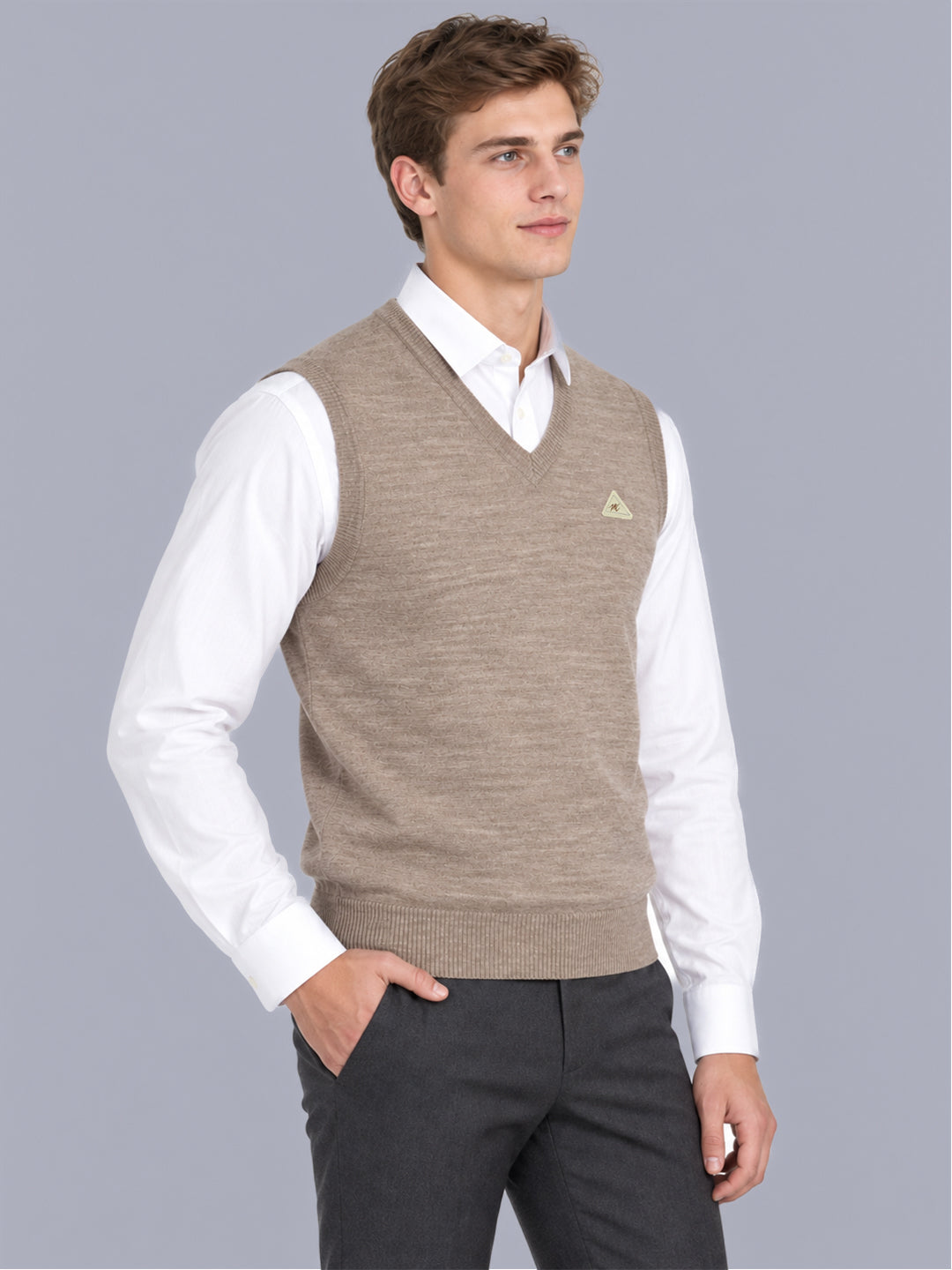 Men Taupe Solid V Neck Sleeveless Sweater