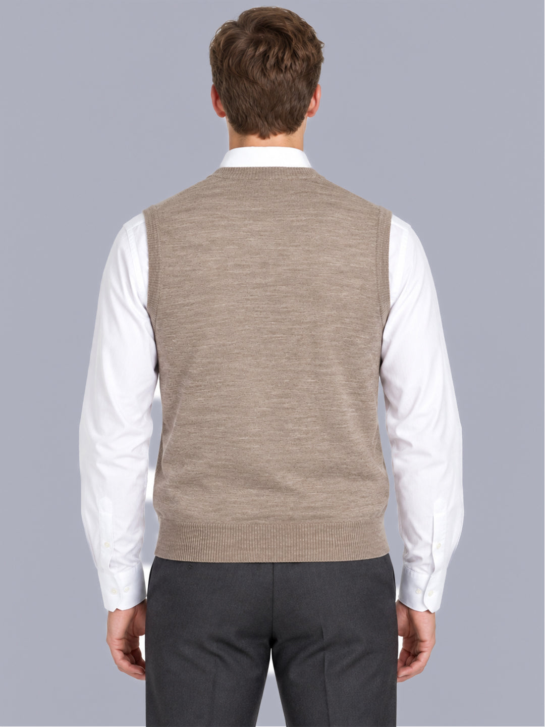 Men Taupe Solid V Neck Sleeveless Sweater