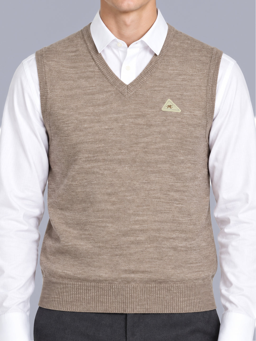 Men Taupe Solid V Neck Sleeveless Sweater