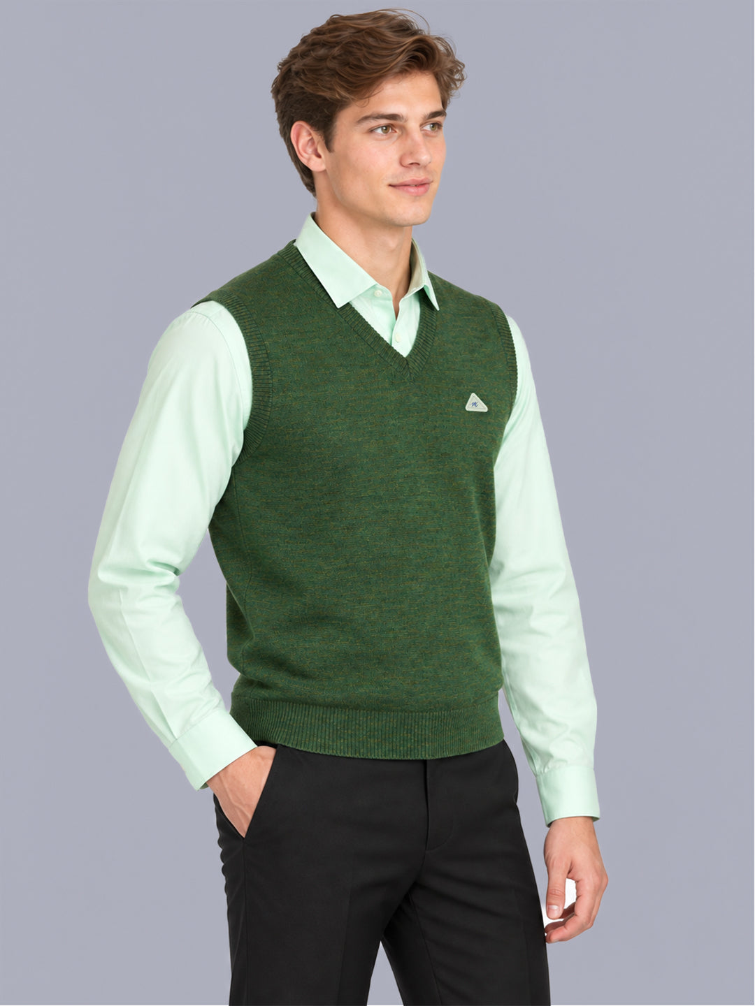 Men Green Solid V Neck Sleeveless Sweater