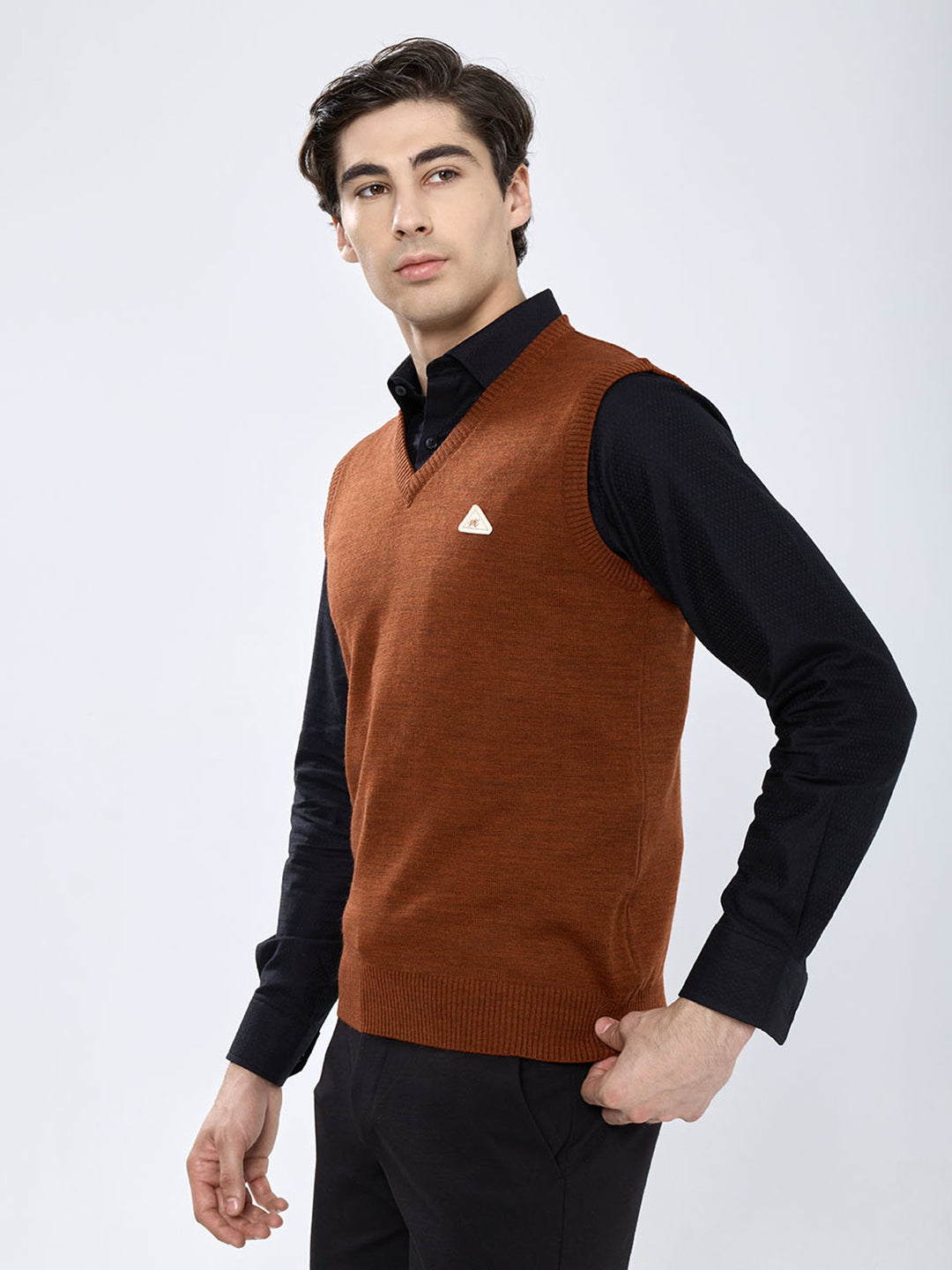 Men Rust Solid V Neck Sleeveless Sweater