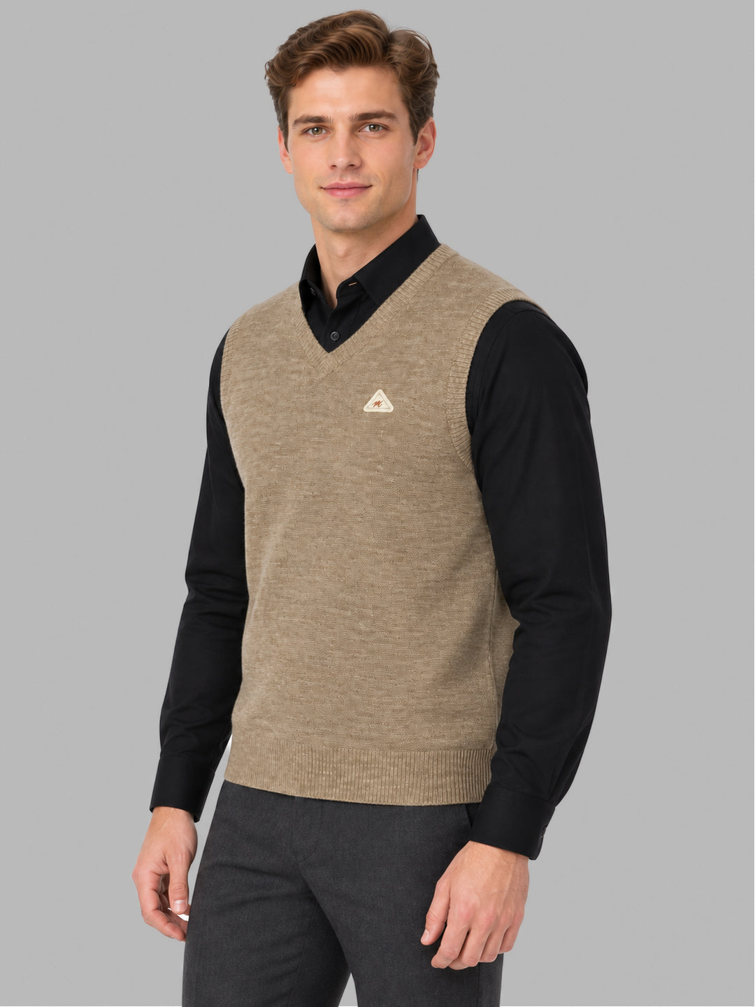 Men Brown Solid V Neck Sleeveless Sweater