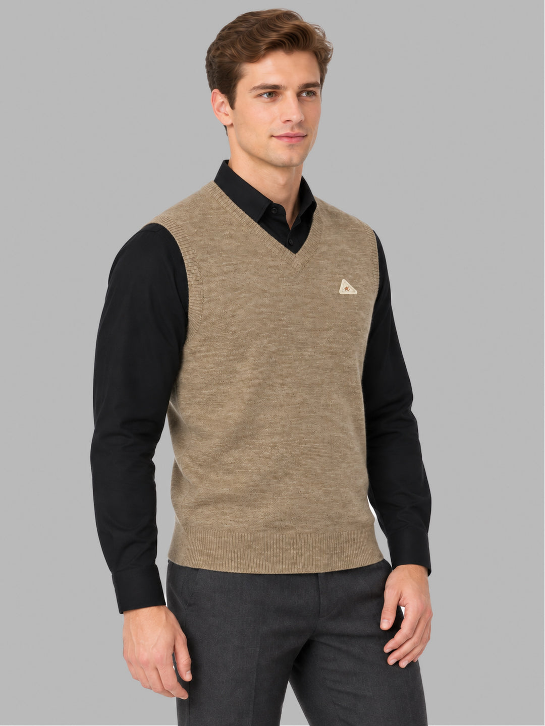Men Brown Solid V Neck Sleeveless Sweater