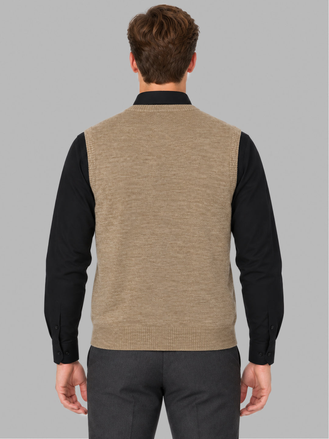 Men Brown Solid V Neck Sleeveless Sweater