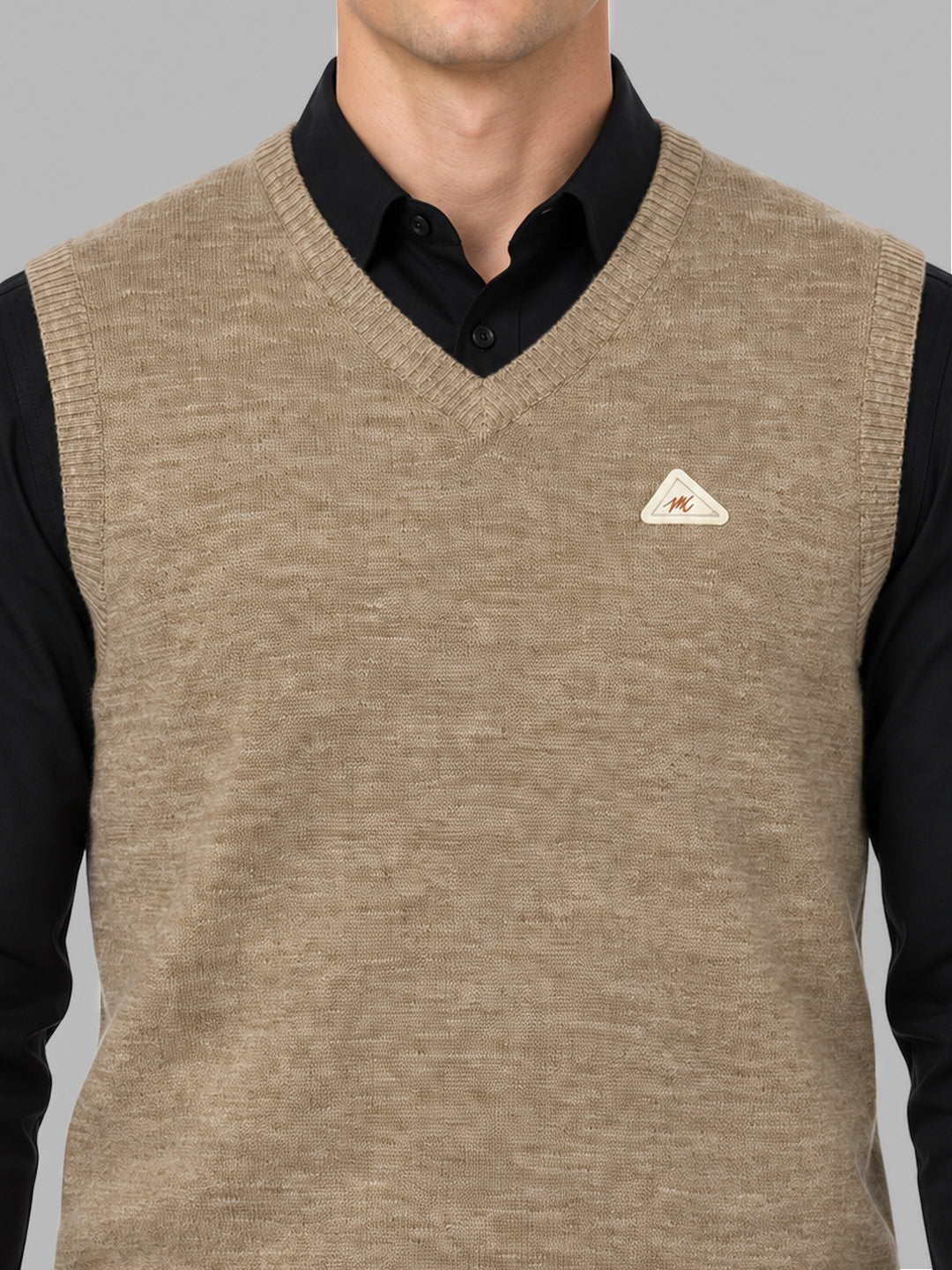 Men Brown Solid V Neck Sleeveless Sweater