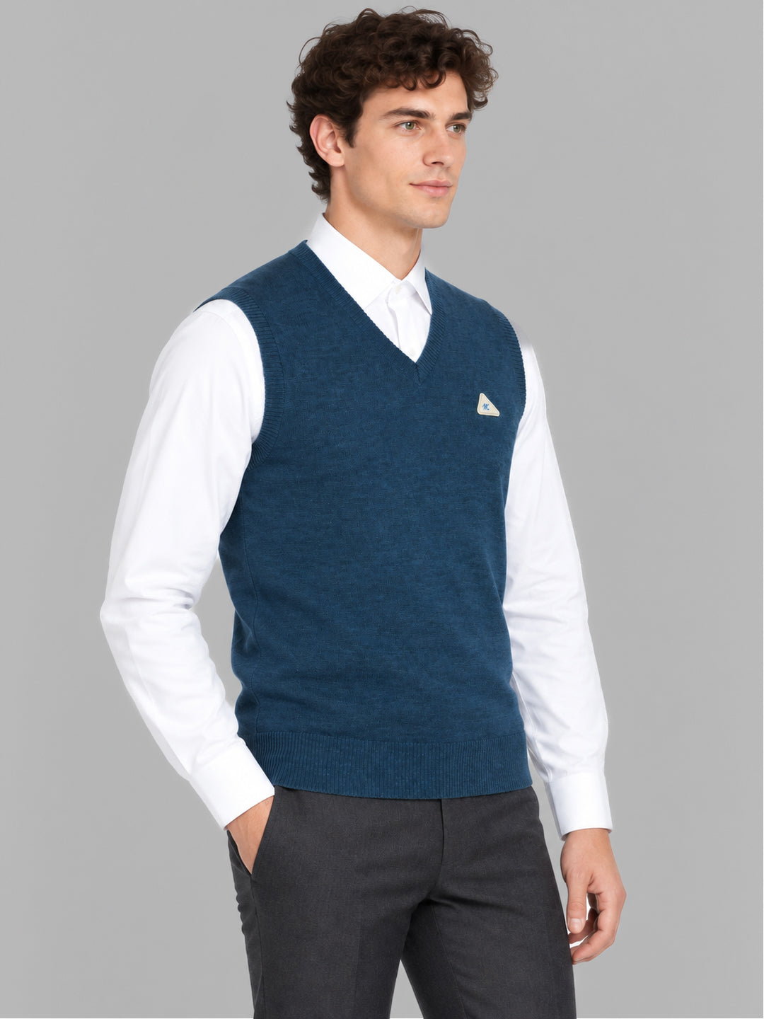 Men Teal Blue Solid V Neck Sleeveless Sweater