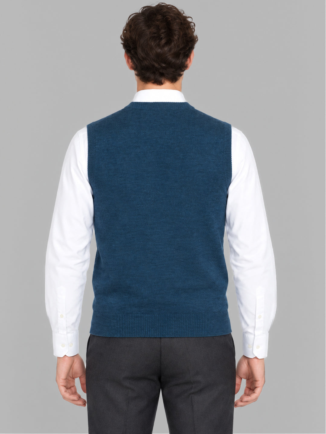 Men Teal Blue Solid V Neck Sleeveless Sweater