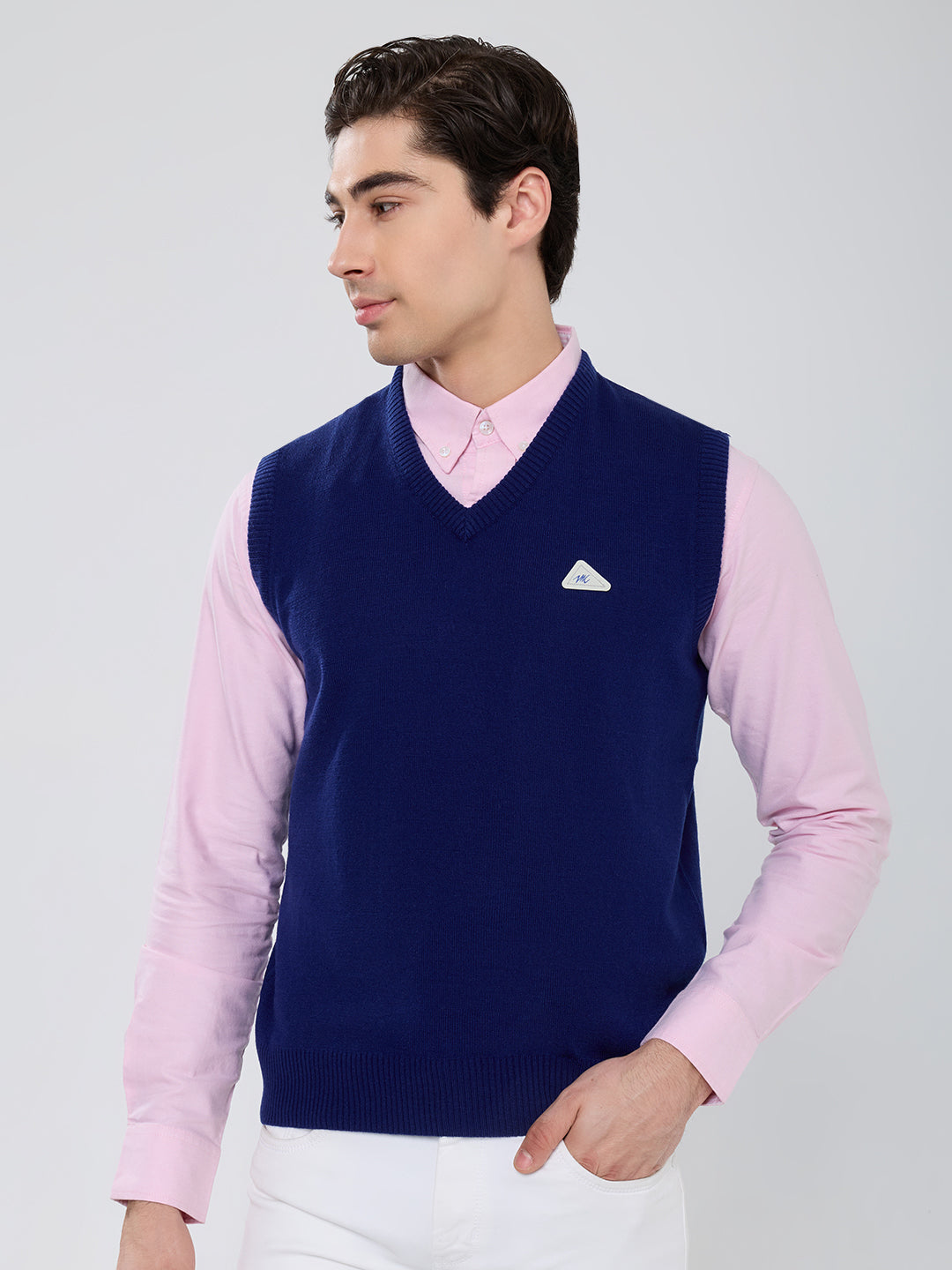 Men Royal Blue Solid V Neck Sleeveless Sweater