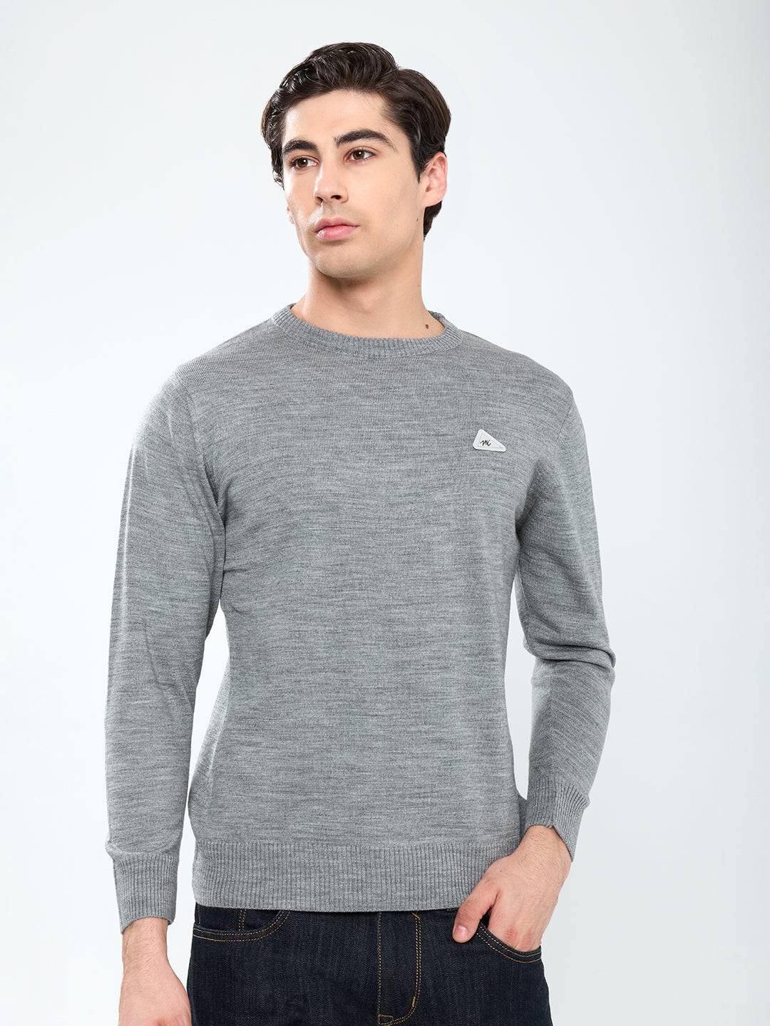 Men Grey Solid Round Neck Full Sleeve Pullover
