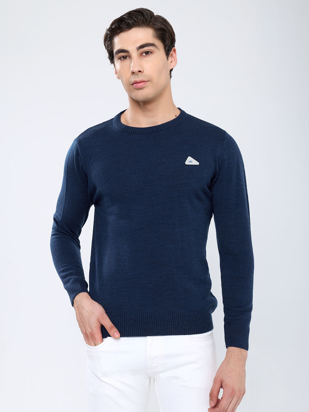 Men Blue Solid Round Neck Full Sleeve Pullover