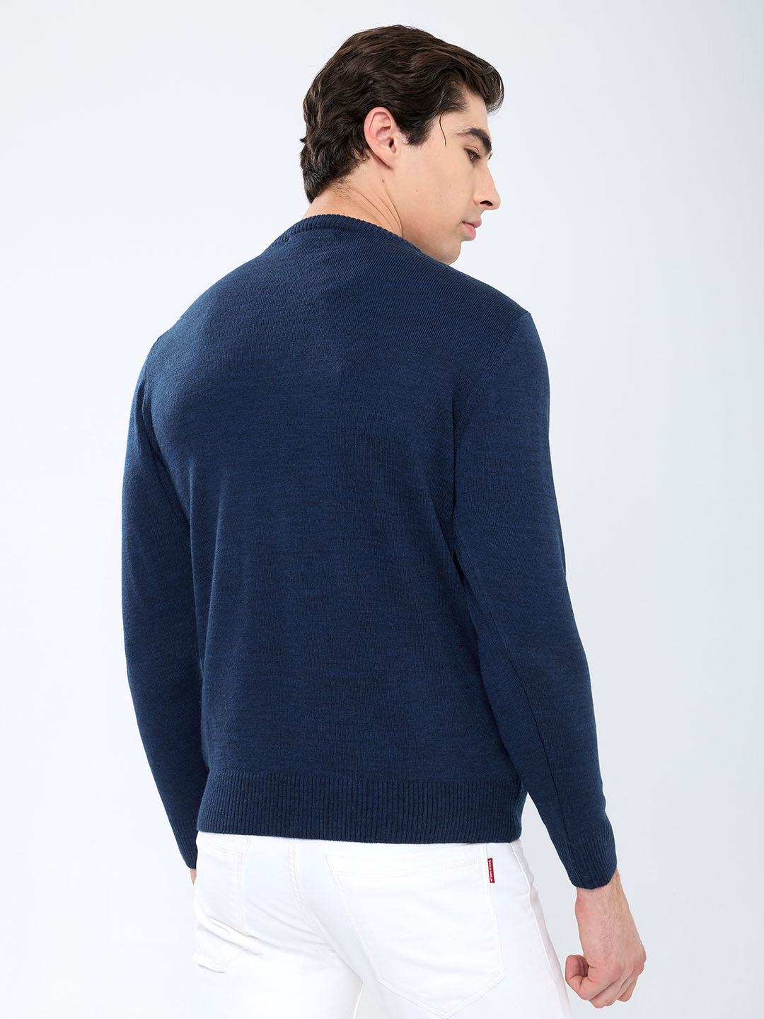 Men Blue Solid Round Neck Full Sleeve Pullover