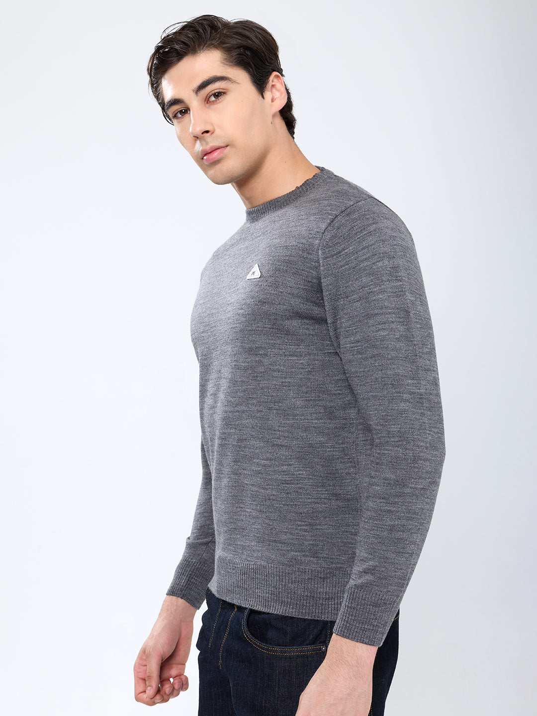 Men Grey Solid Round Neck Full Sleeve Pullover