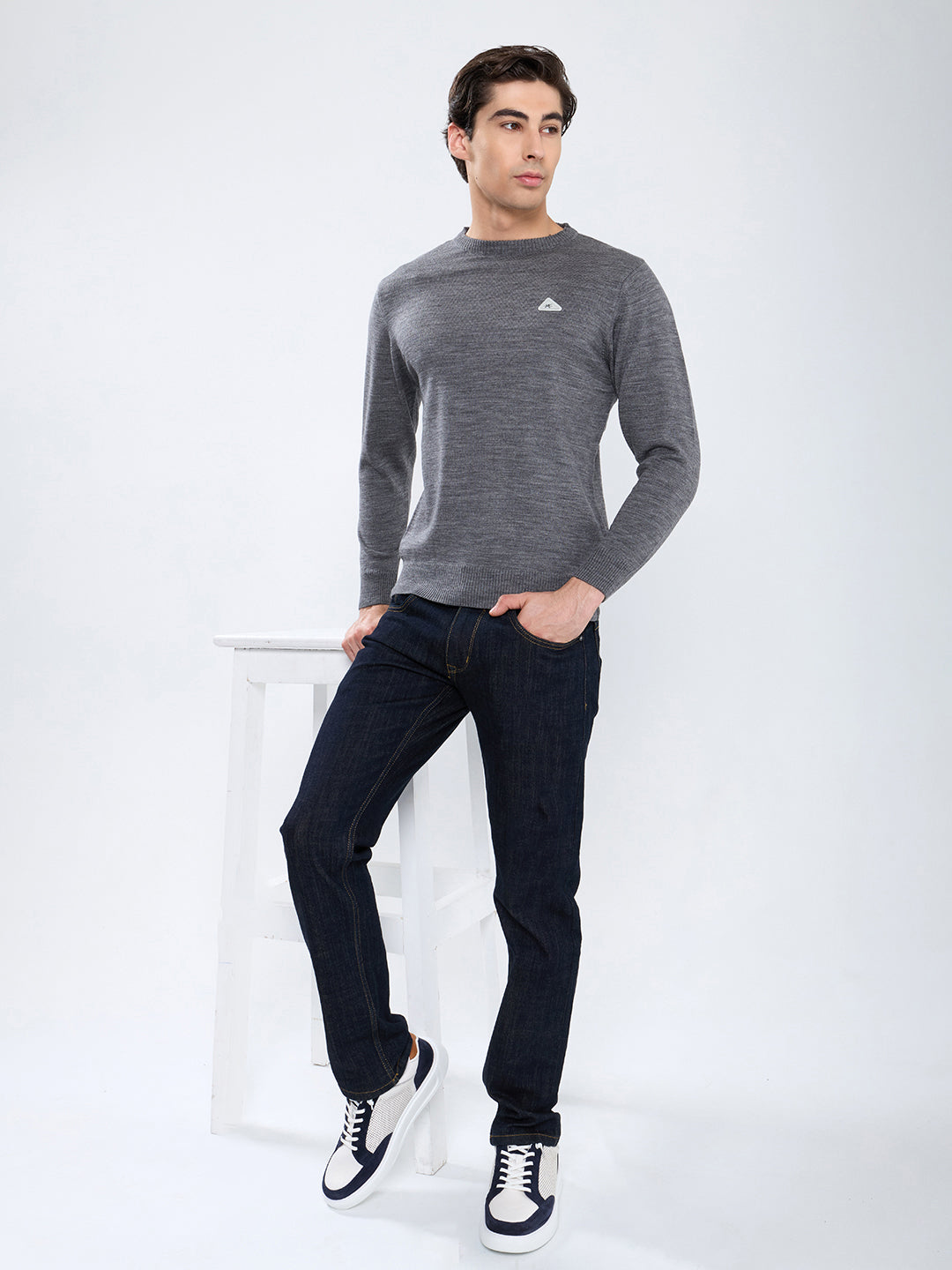 Men Grey Solid Round Neck Full Sleeve Pullover