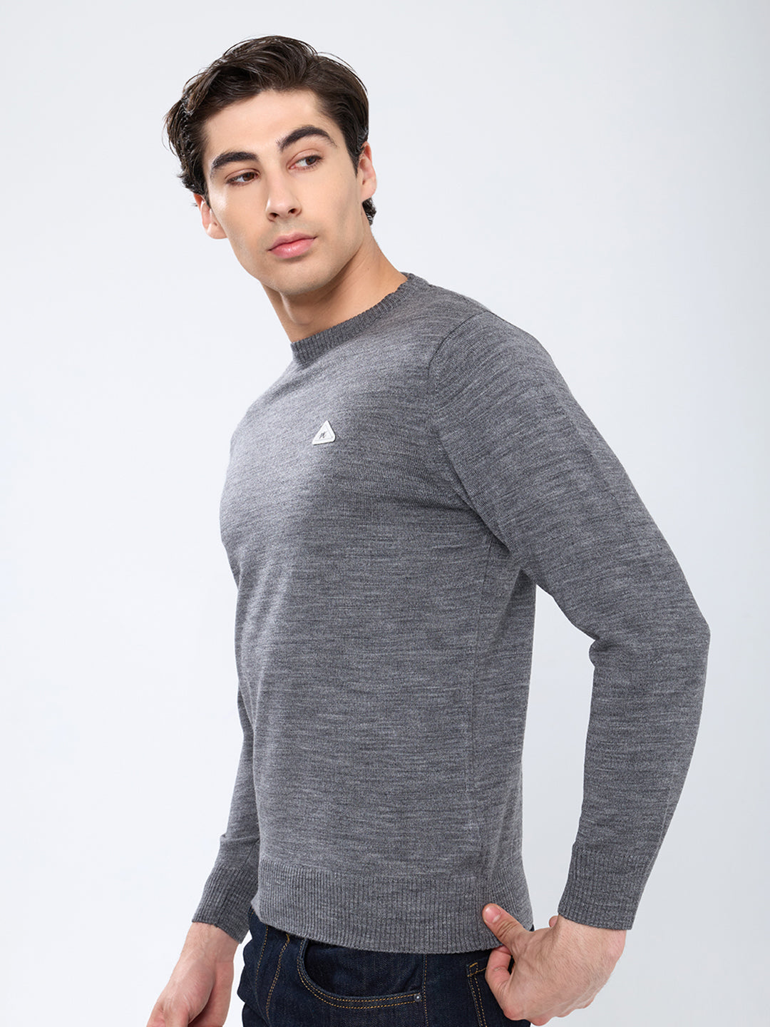 Men Grey Solid Round Neck Full Sleeve Pullover