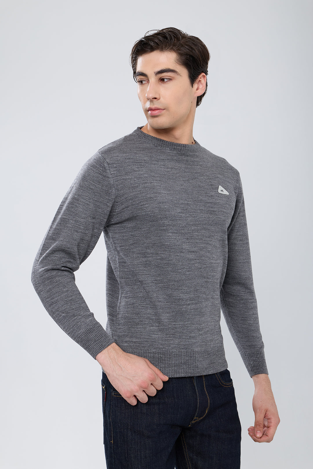 Men Grey Solid Round Neck Full Sleeve Pullover