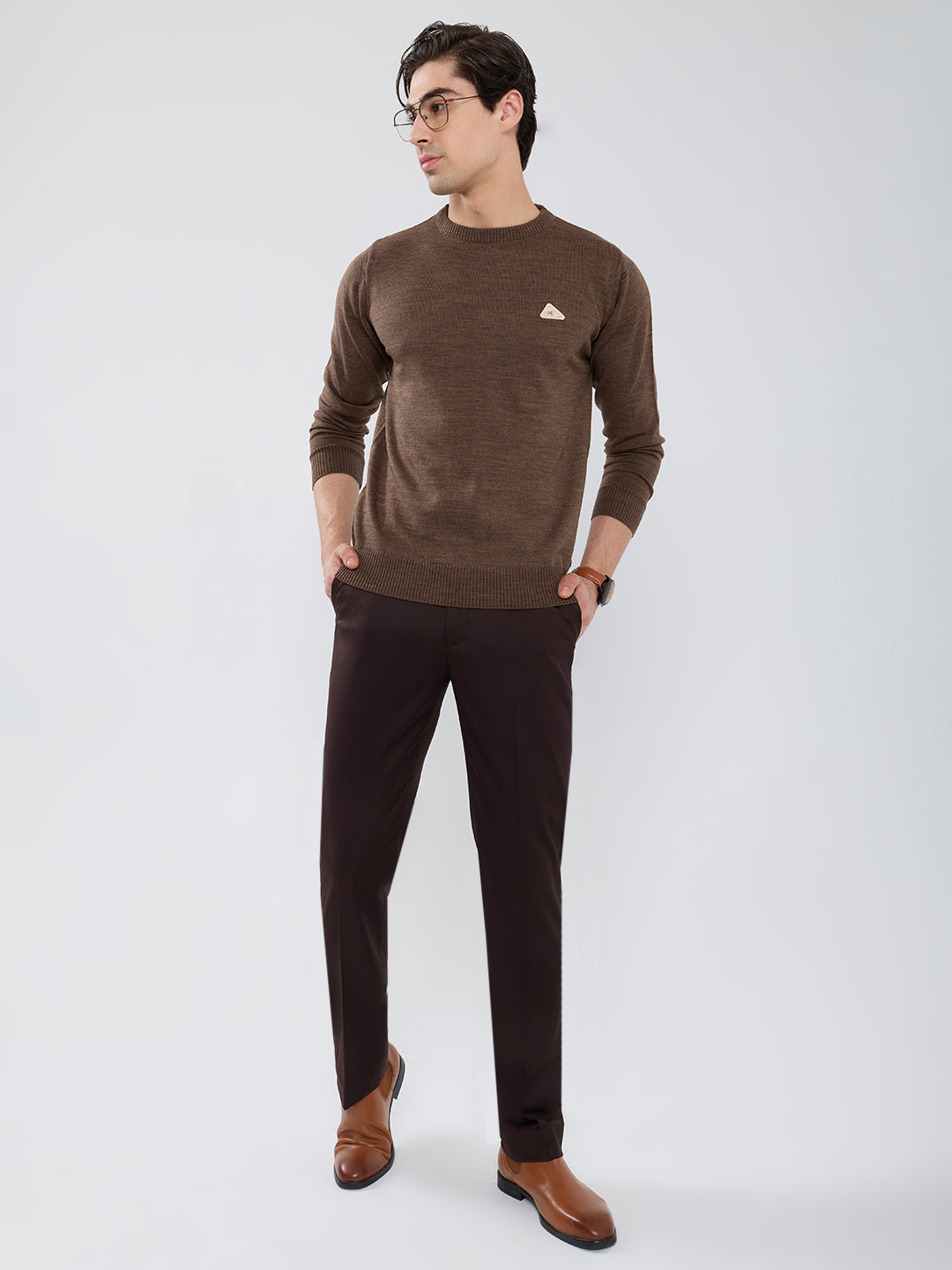 Men Brown Solid Round Neck Full Sleeve Pullover