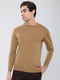 Men Camel Brown Solid Round Neck Full Sleeve Pullover