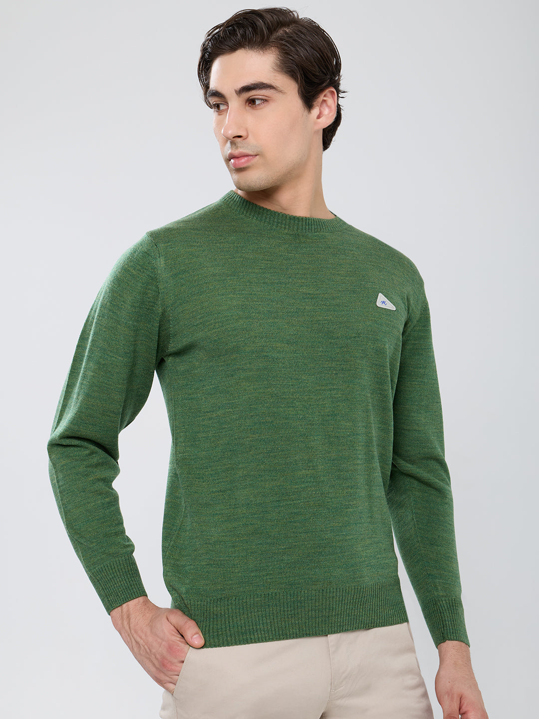Men Green Solid Round Neck Full Sleeve Pullover