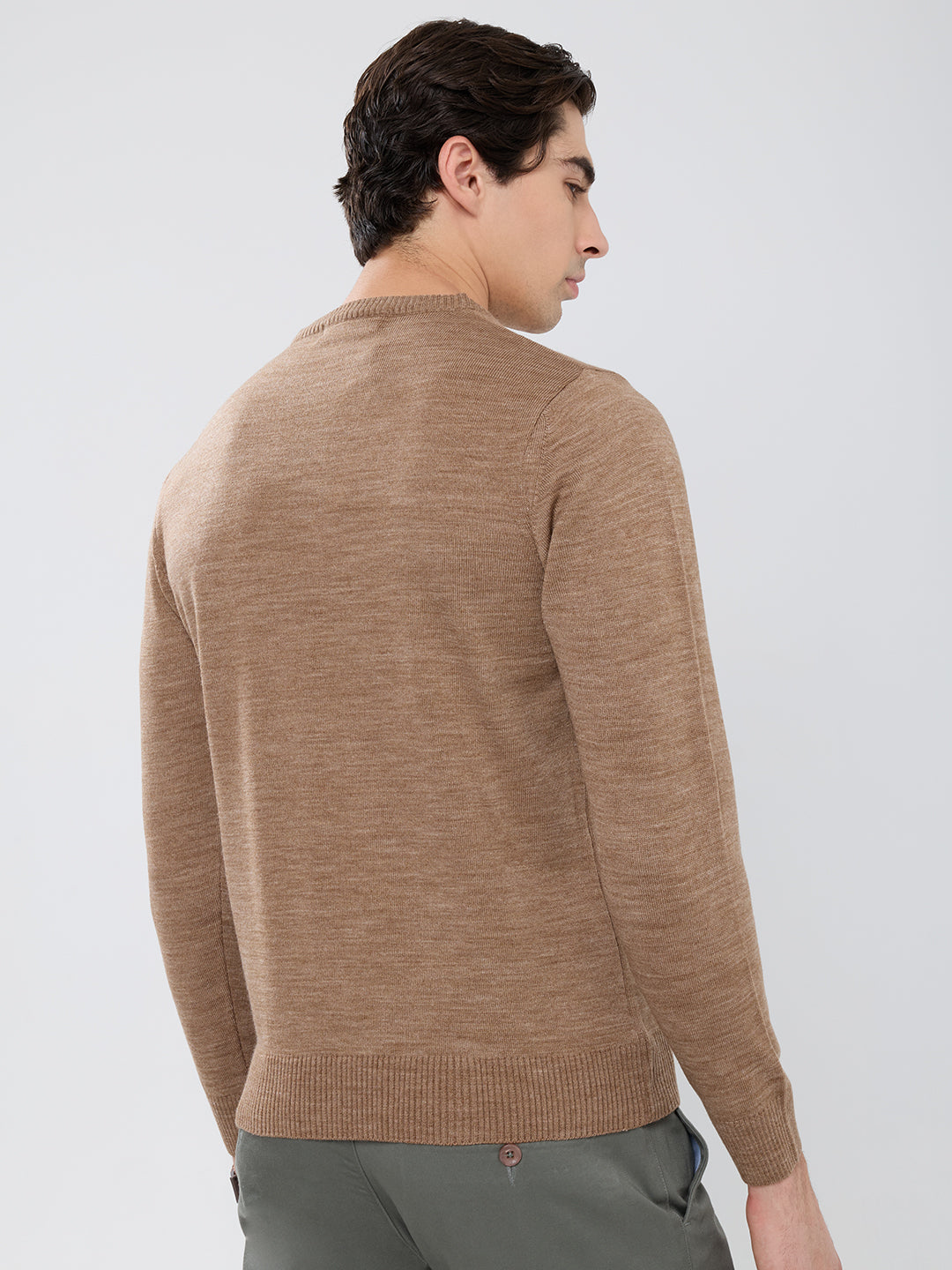 Men Brown Solid Round Neck Full Sleeve Pullover