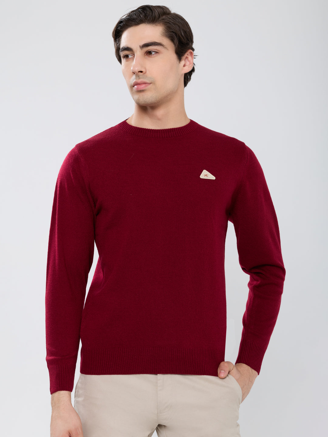 Men Maroon Solid Round Neck Full Sleeve Pullover