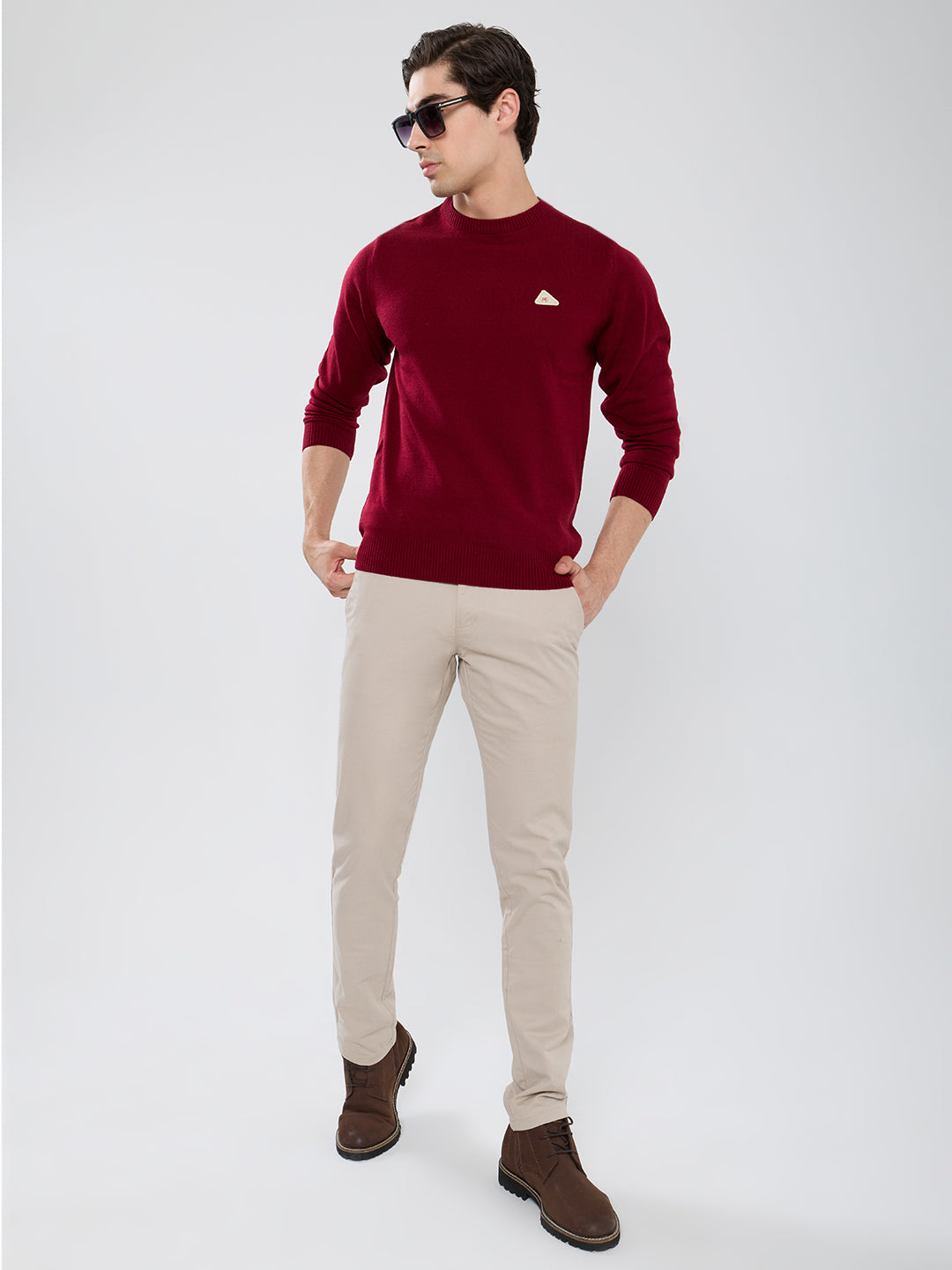Men Maroon Solid Round Neck Full Sleeve Pullover