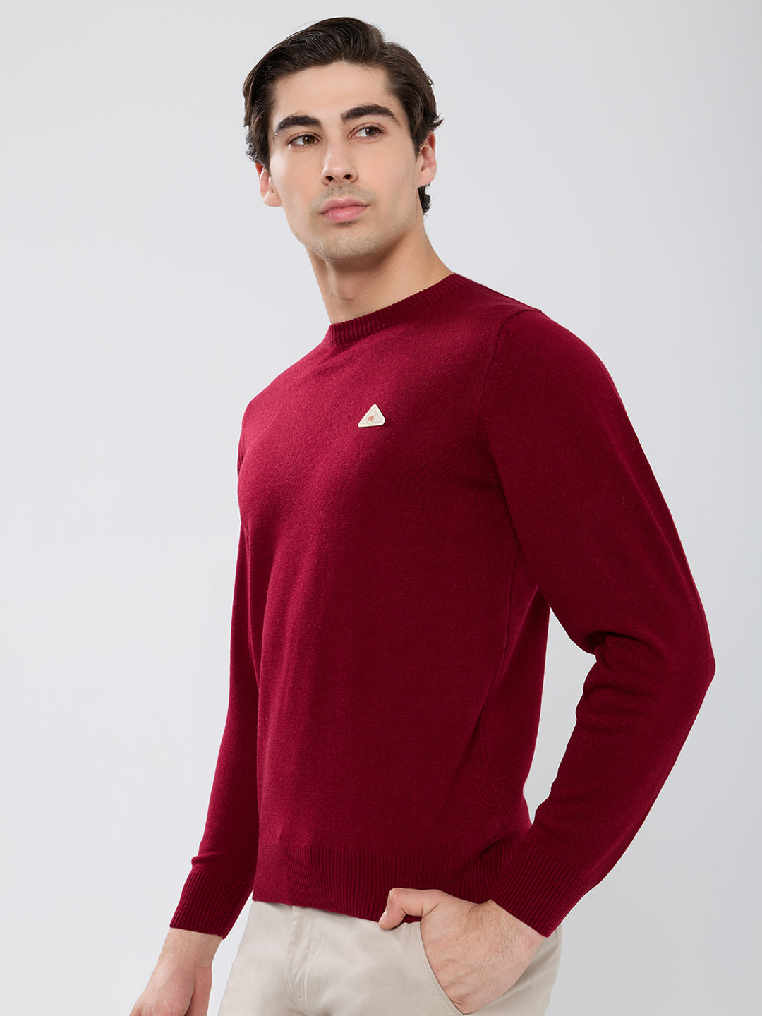 Men Maroon Solid Round Neck Full Sleeve Pullover