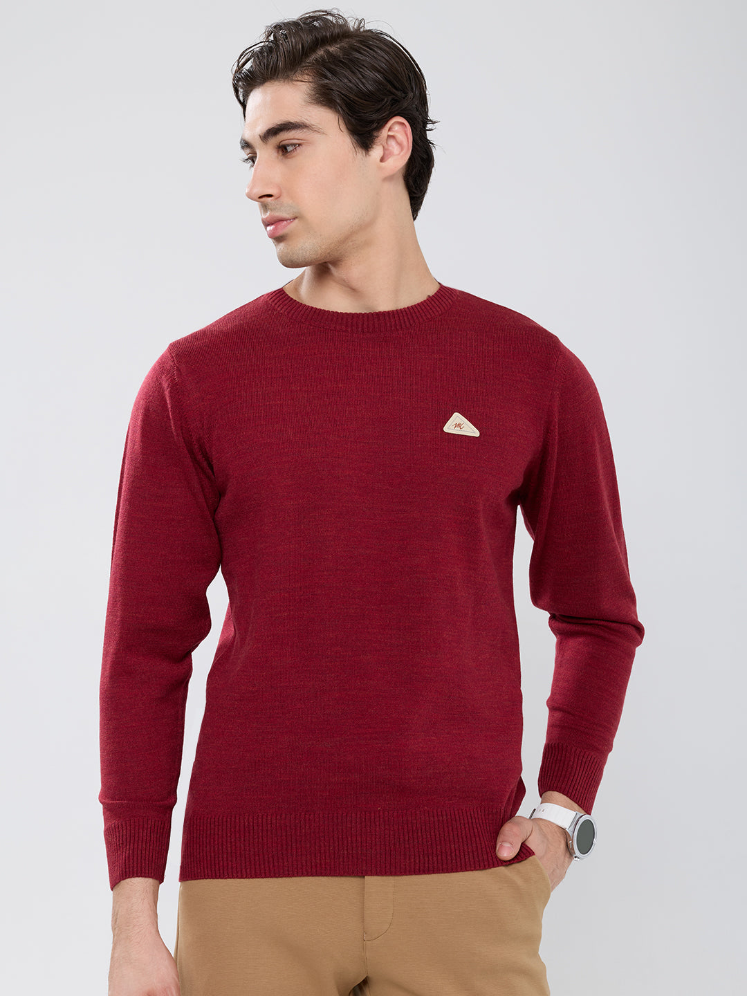 Men Maroon Solid Round Neck Full Sleeve Pullover