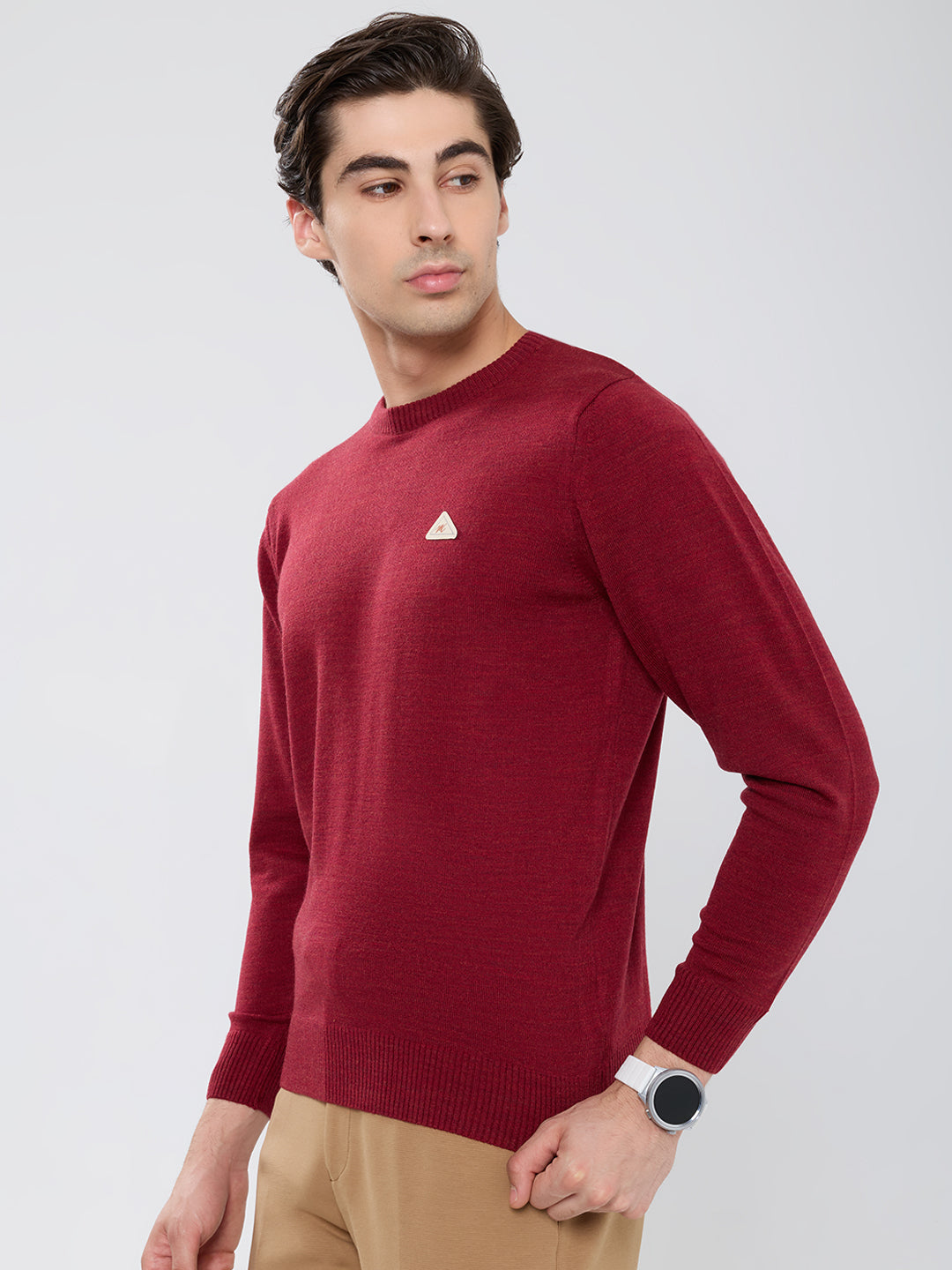 Men Maroon Solid Round Neck Full Sleeve Pullover