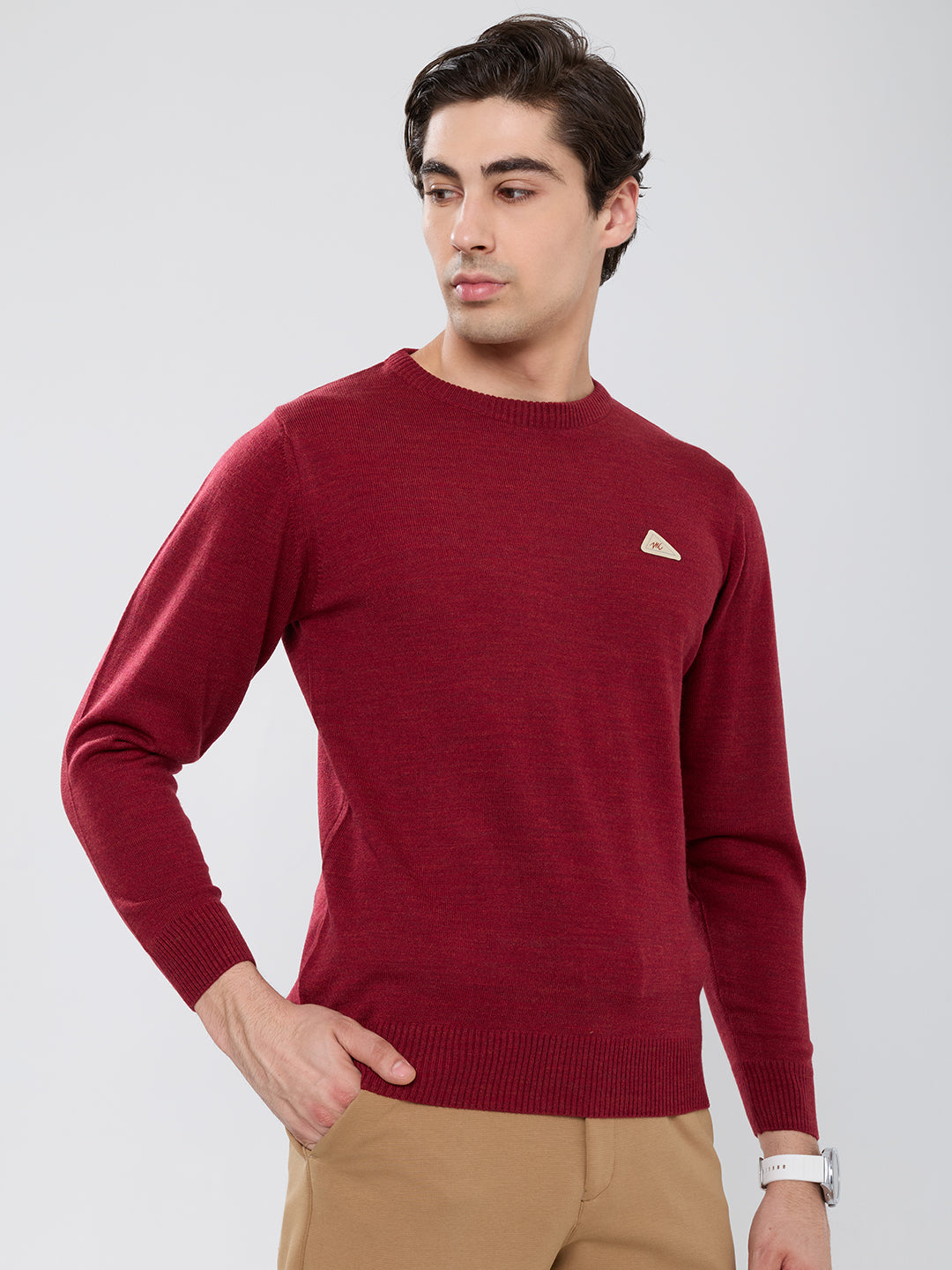 Men Maroon Solid Round Neck Full Sleeve Pullover