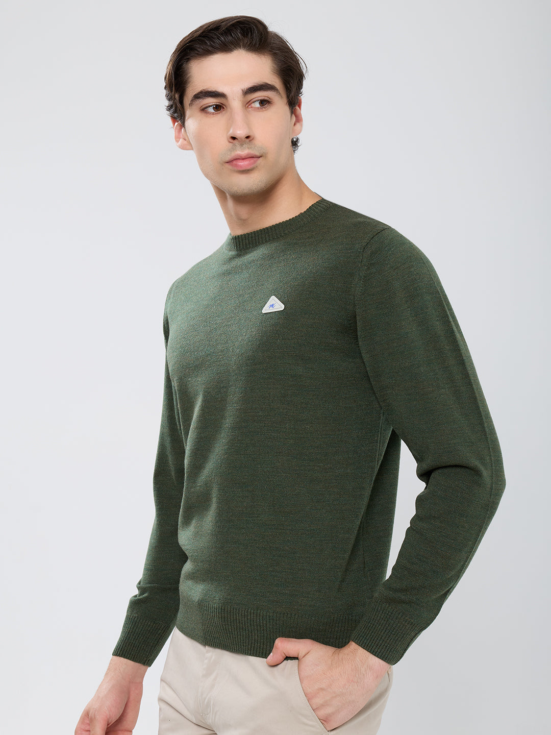 Men Olive Solid Round Neck Full Sleeve Pullover