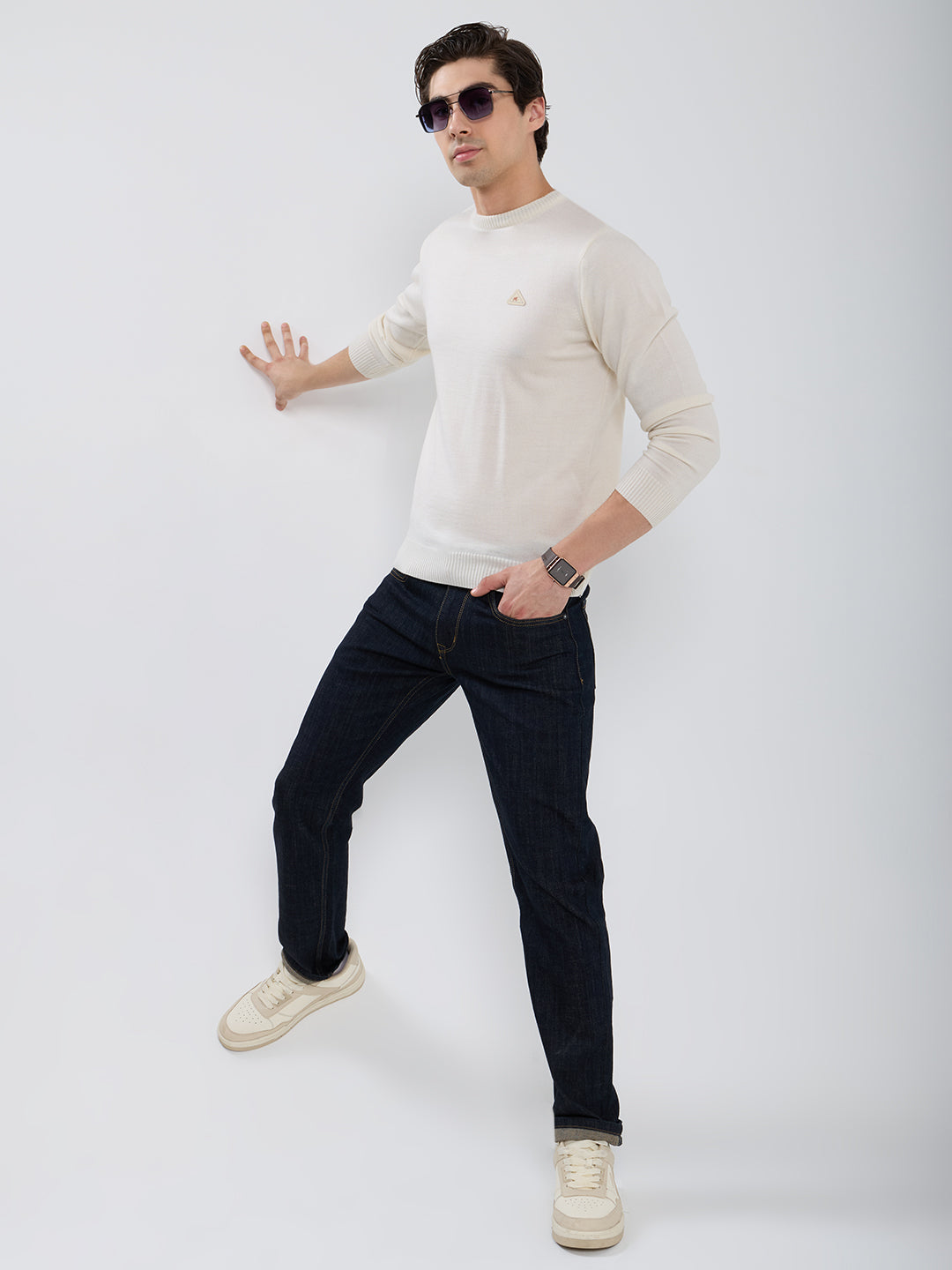 Men Cream Solid Round Neck Full Sleeve Pullover