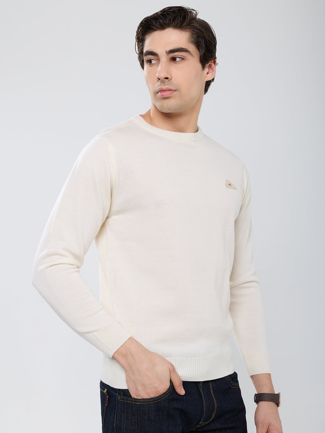 Men Cream Solid Round Neck Full Sleeve Pullover