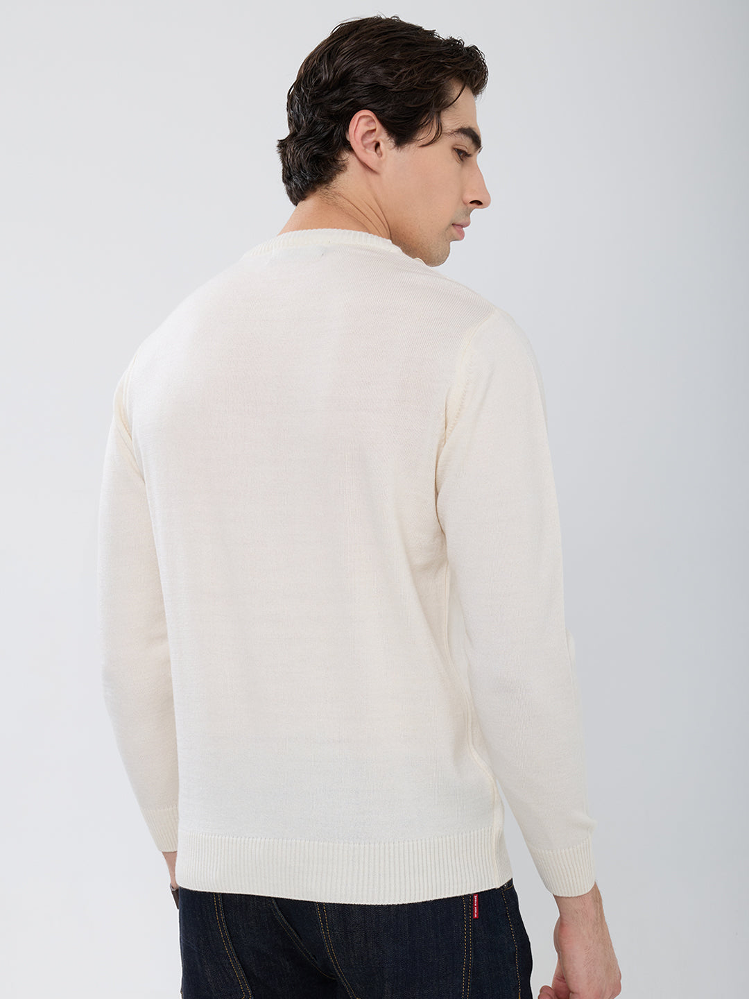 Men Cream Solid Round Neck Full Sleeve Pullover