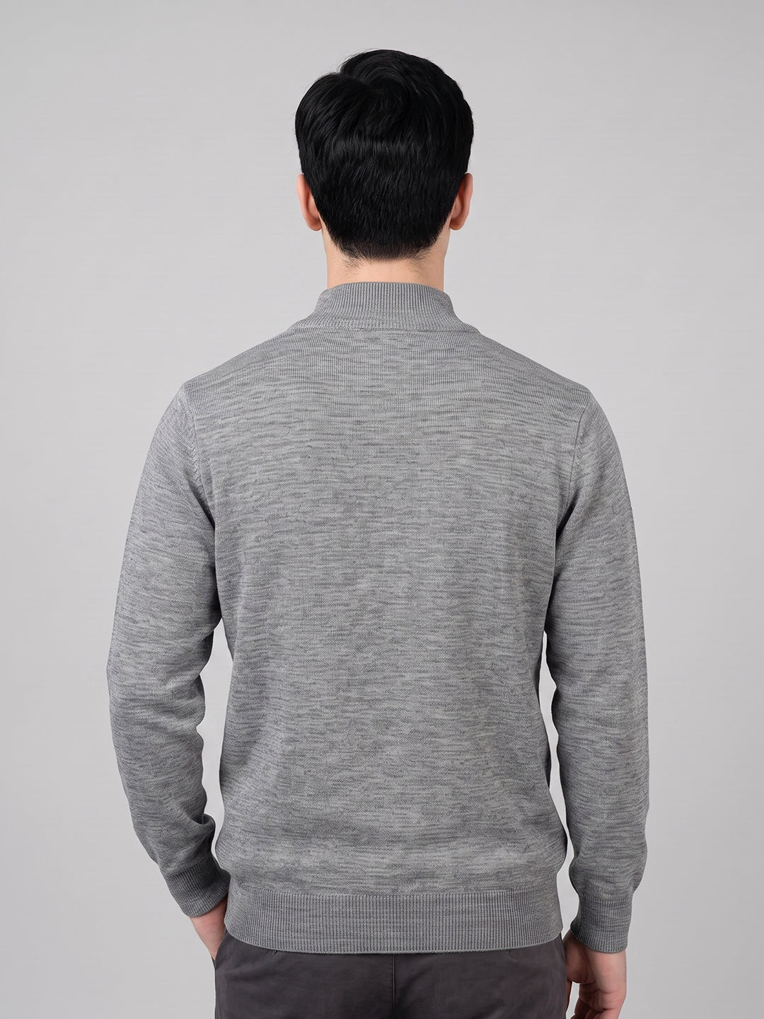 Men Grey Solid High Neck Full Sleeve Pullover