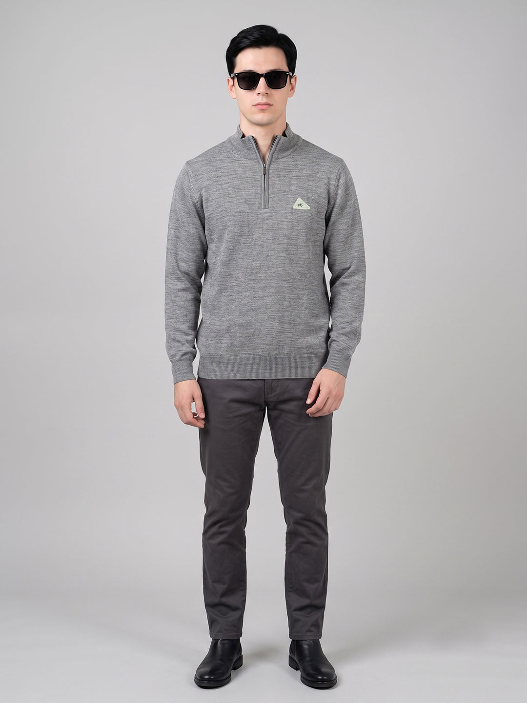 Men Grey Solid High Neck Full Sleeve Pullover