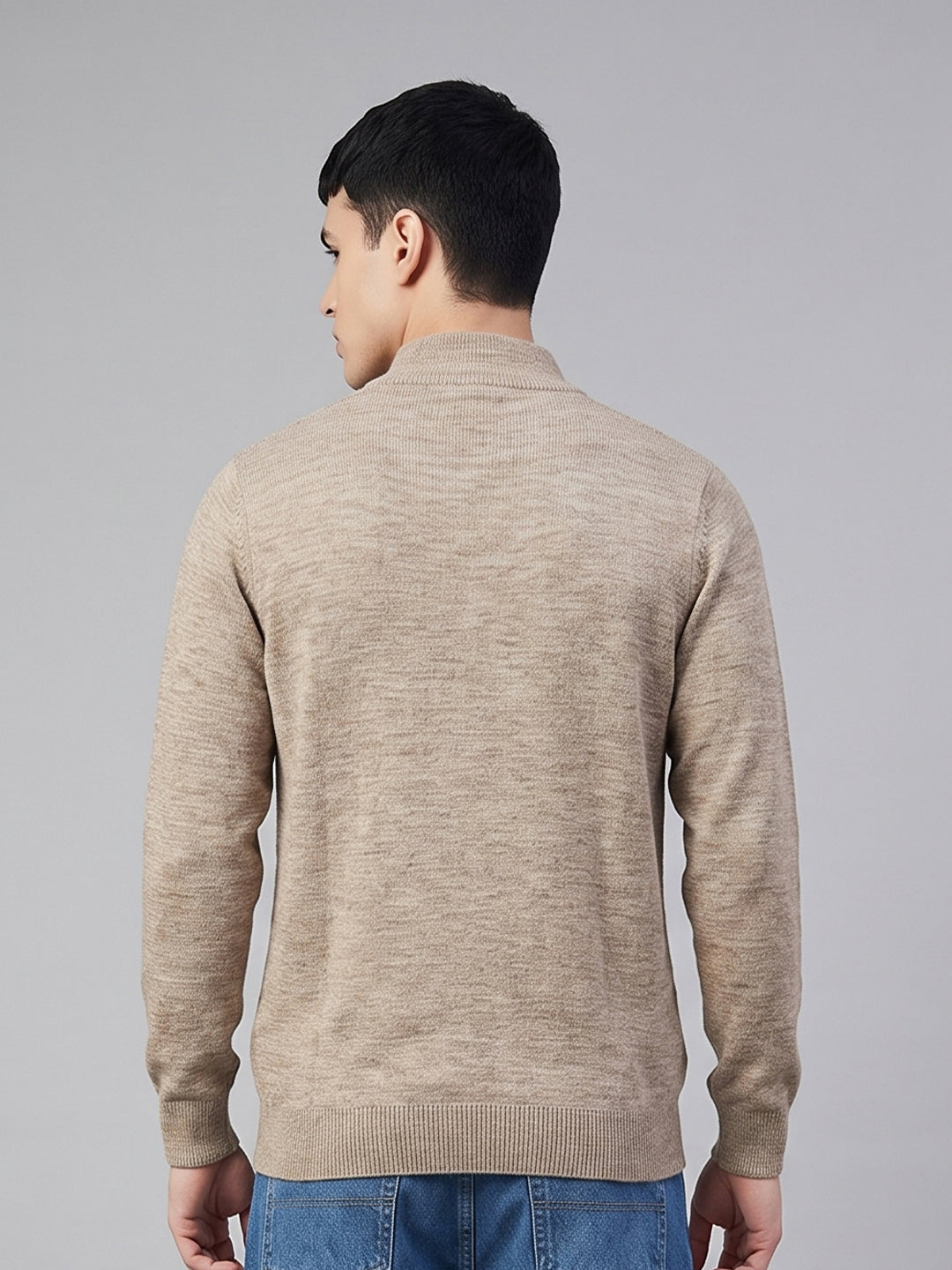 Men Beige Solid High Neck Full Sleeve Pullover