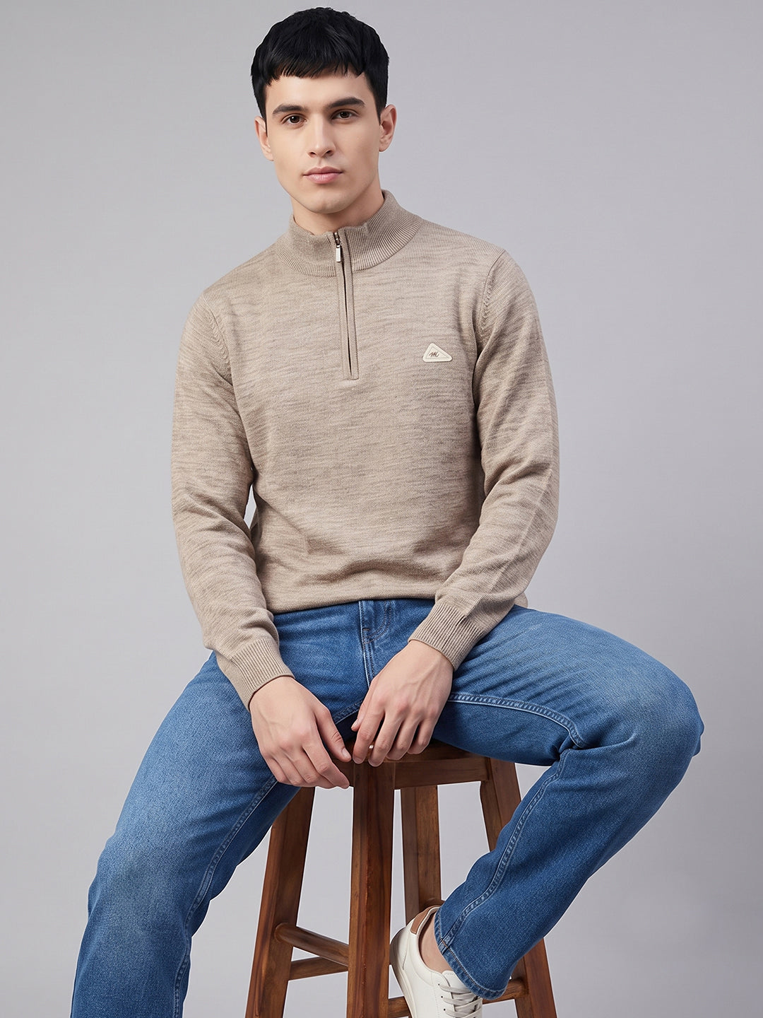 Men Beige Solid High Neck Full Sleeve Pullover
