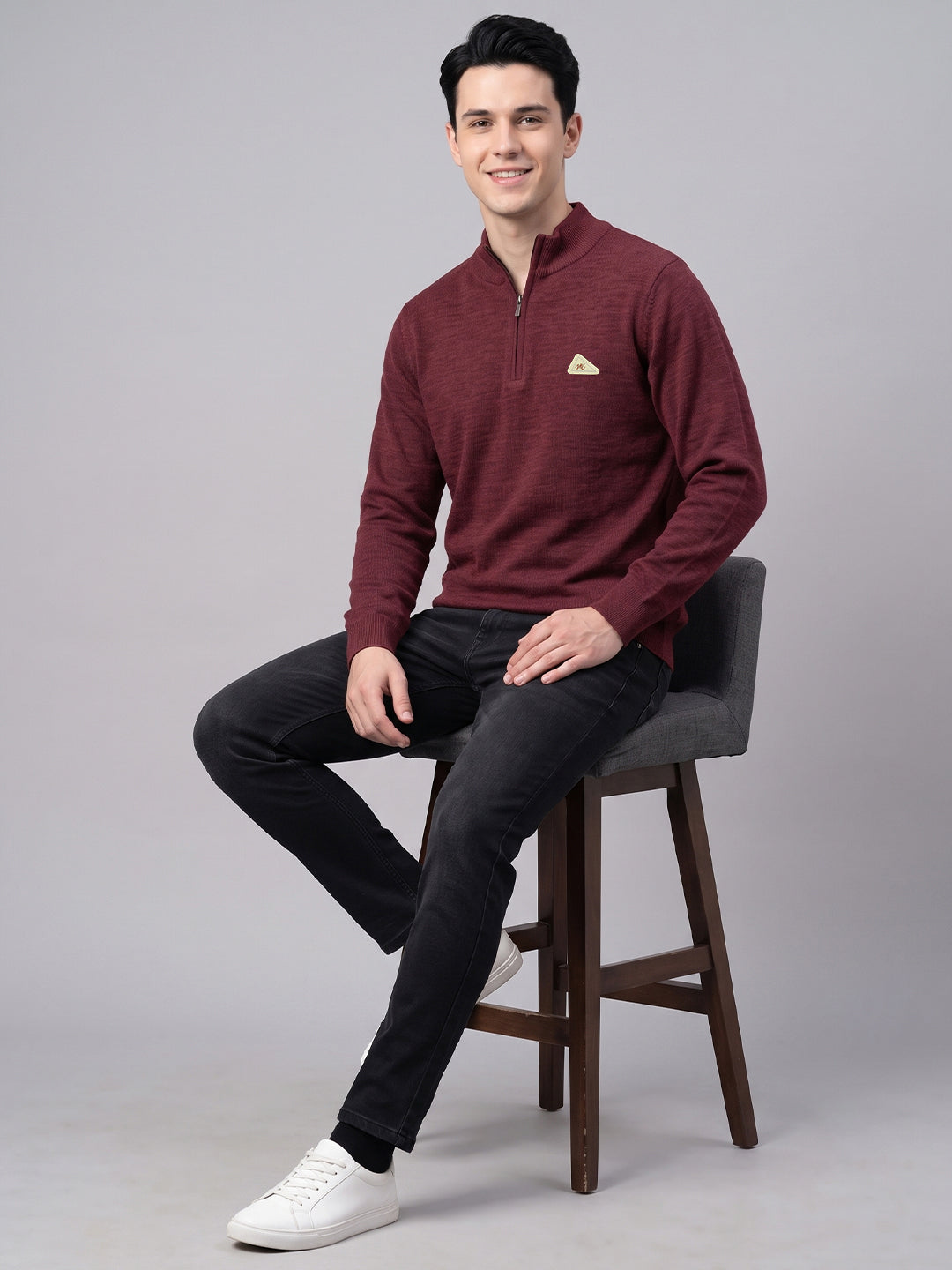 Men Maroon Solid High Neck Full Sleeve Pullover