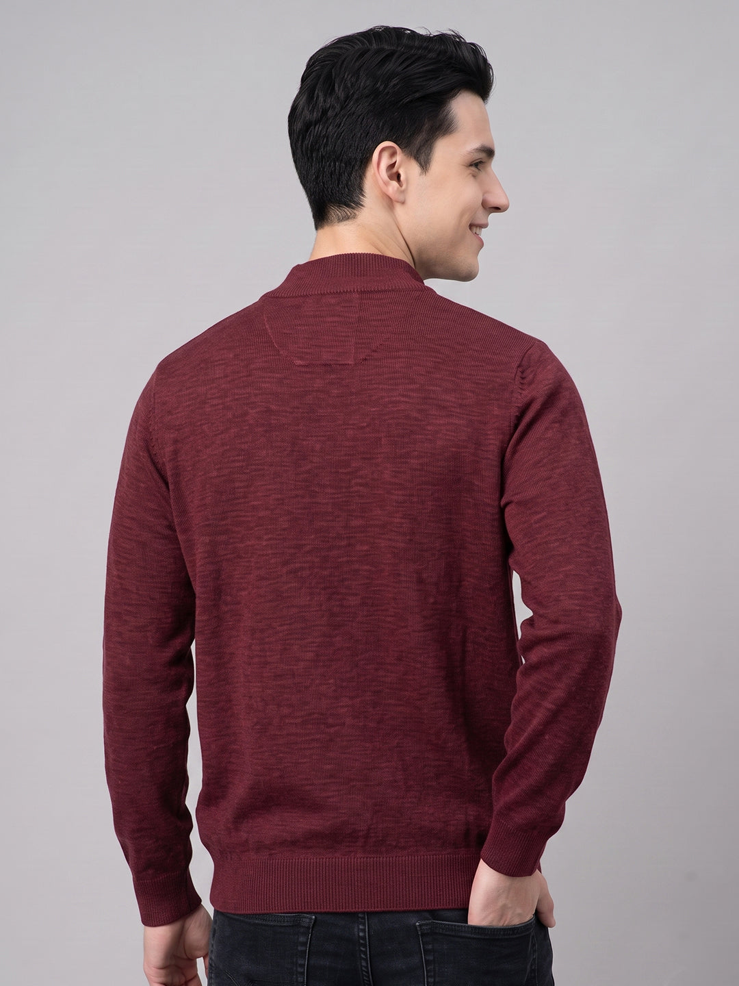 Men Maroon Solid High Neck Full Sleeve Pullover