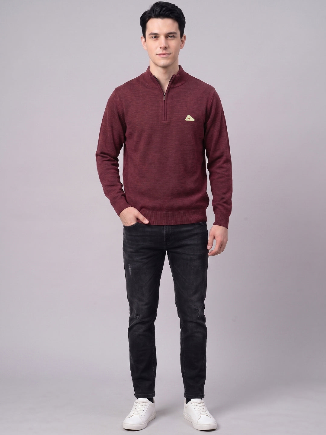 Men Maroon Solid High Neck Full Sleeve Pullover